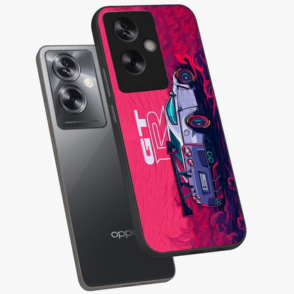 GT-R Car Pattern Glass Case displayed in angled mockup highlighting racing car graphic design with bold automotive aesthetic.