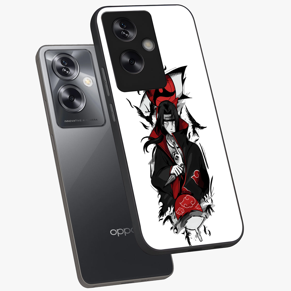 Itachi Limited Edition Naruto Anime Glass Case displayed in angled mockup highlighting dramatic anime illustration with bold action aesthetic.