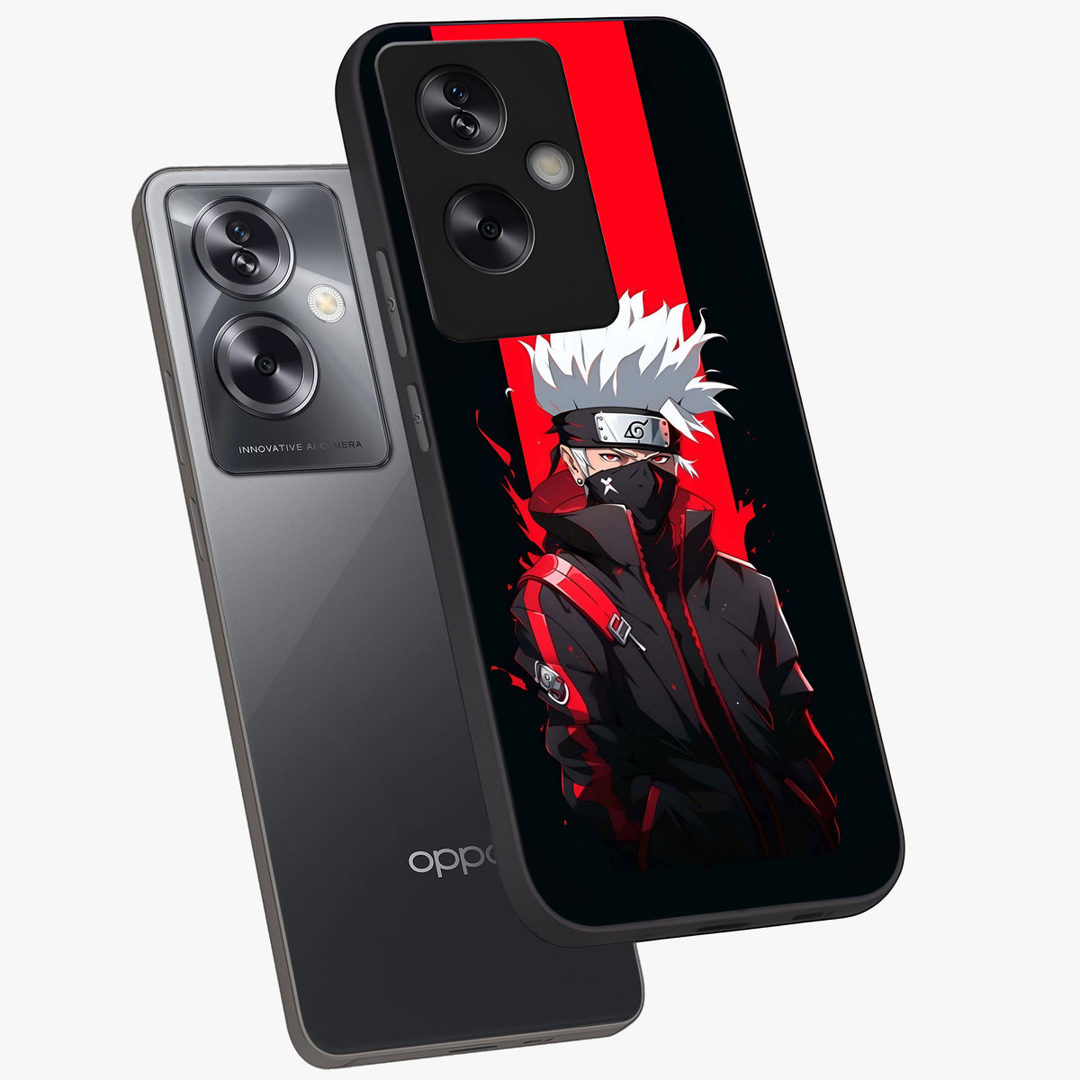 Kakashi Scarlet Shadow Glass Case displayed in angled mockup highlighting dramatic ninja illustration with scarlet themed aesthetic.