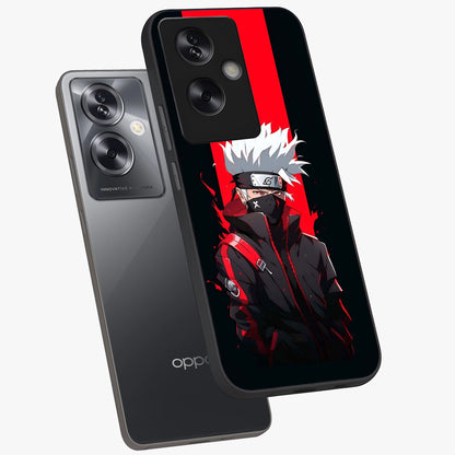 Kakashi Scarlet Shadow Glass Case displayed in angled mockup highlighting dramatic ninja illustration with scarlet themed aesthetic.