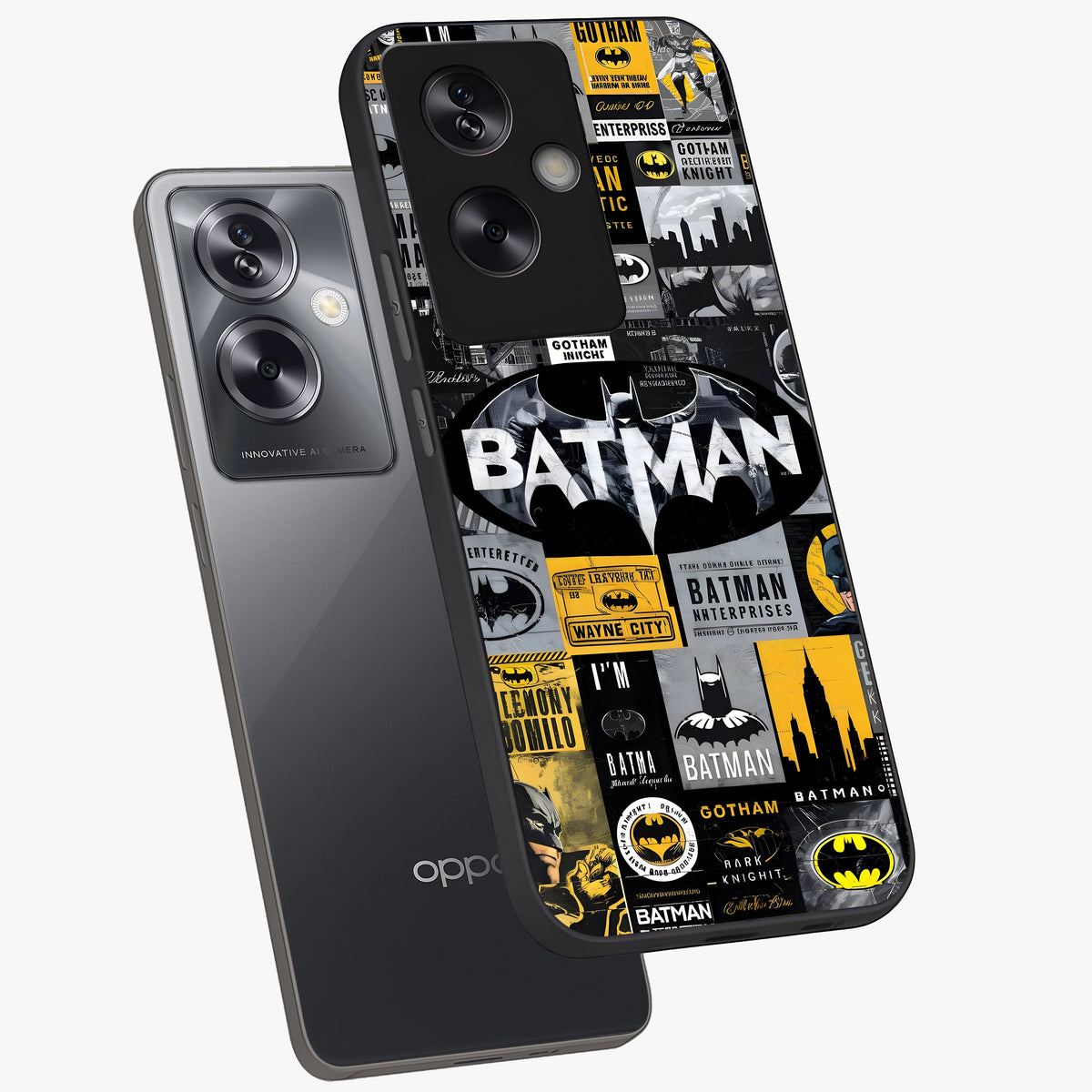 Knight Gotham Rise Glass Case displayed in angled mockup highlighting powerful knight silhouette design with dramatic aesthetic.