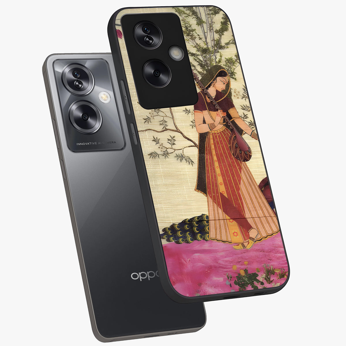 Lady With Veena Art Glass Case displayed in angled mockup highlighting graceful musical illustration with cultural artistic aesthetic.