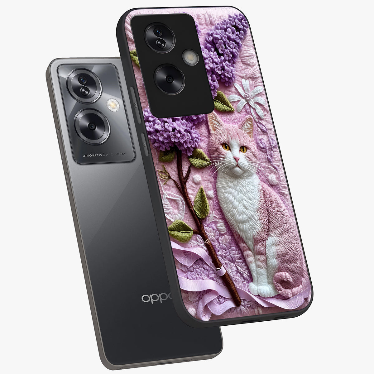 Lavender Cat Whimsy Glass Case displayed in angled mockup highlighting playful feline illustration with pastel lavender aesthetic.