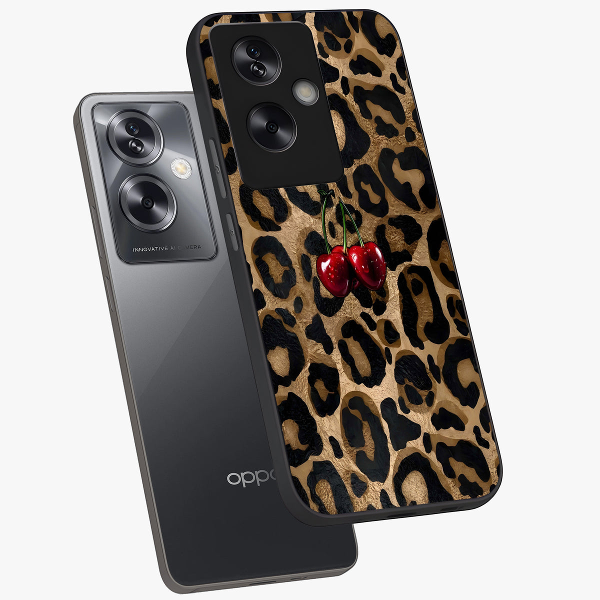 Leopard Wild Cherry Glass Case displayed in angled mockup highlighting bold animal print design with playful cherry aesthetic.