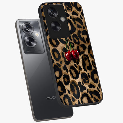 Leopard Wild Cherry Glass Case displayed in angled mockup highlighting bold animal print design with playful cherry aesthetic.