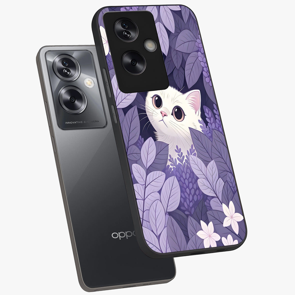 Lilac Hide Peek Cat Glass Case displayed in angled mockup highlighting playful feline illustration with lilac aesthetic design.