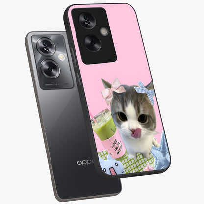 Love Matcha Cat Glass Case displayed in angled mockup highlighting playful feline illustration with cozy matcha aesthetic.