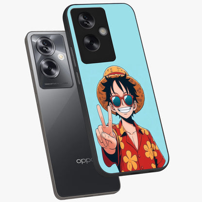 Luffy Summer Anime Vibe Glass Case displayed in angled mockup highlighting energetic anime illustration with summer vibe aesthetic.