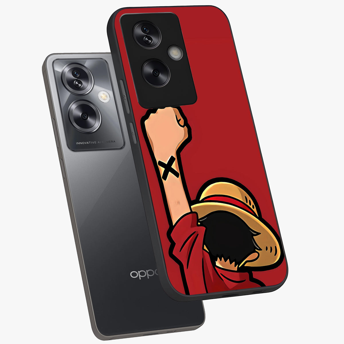 Luffy X Spirit Glass Case displayed in angled mockup highlighting powerful anime design with energetic action aesthetic.