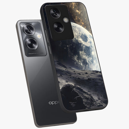 Lunar Horizon Glow Glass Case displayed in angled mockup highlighting celestial moon design with dreamy night aesthetic.