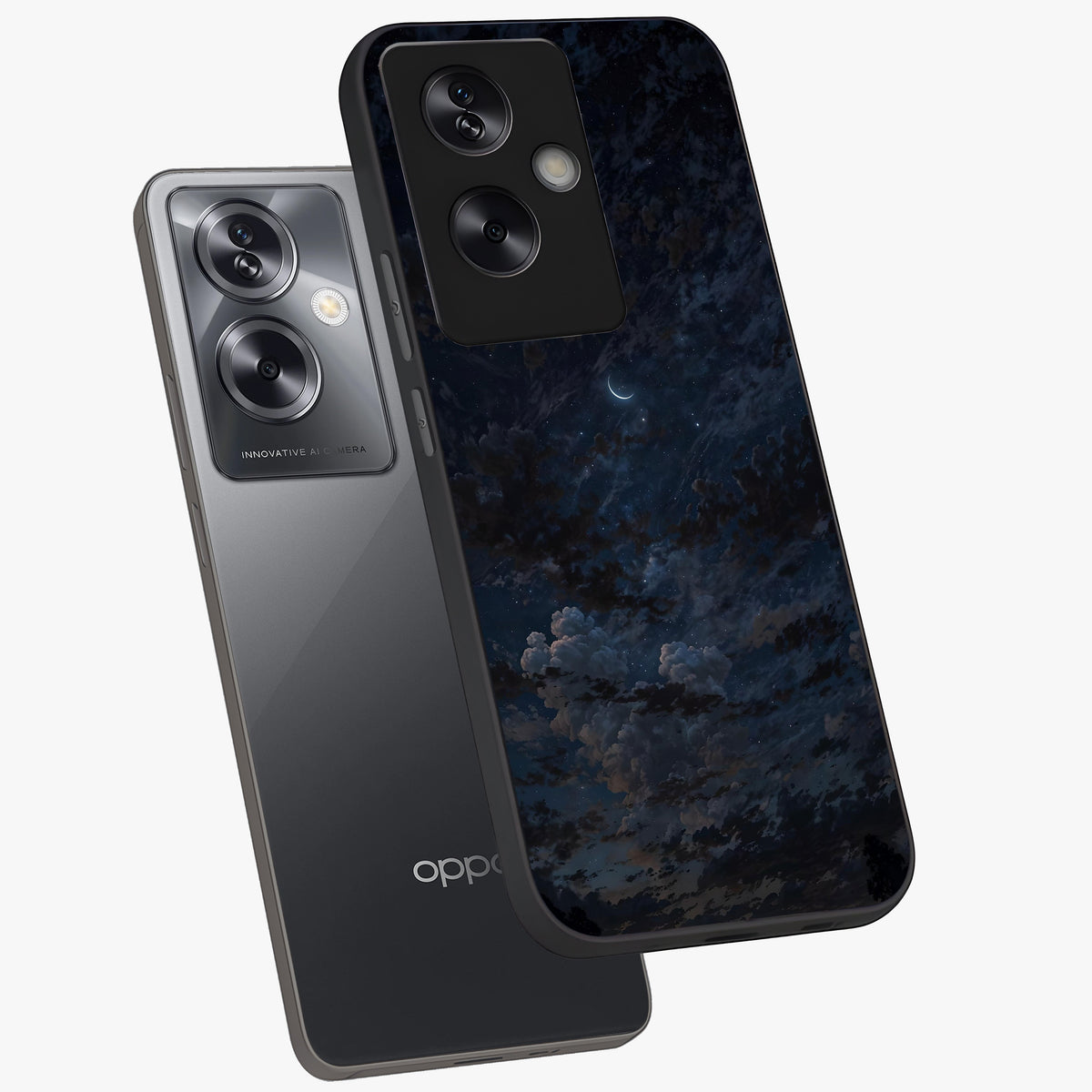 Lunar Veil Silence Glass Case displayed in angled mockup highlighting soft lunar design with peaceful celestial aesthetic.
