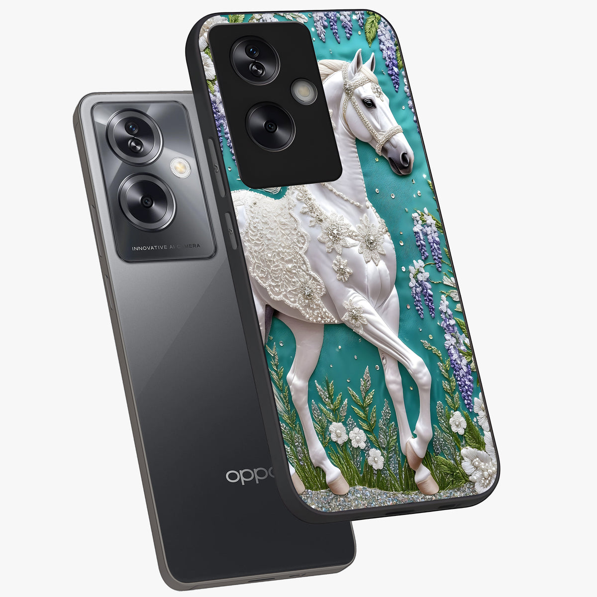 Majestic Floral Stallion Glass Case displayed in angled mockup highlighting majestic stallion illustration with elegant floral aesthetic.
