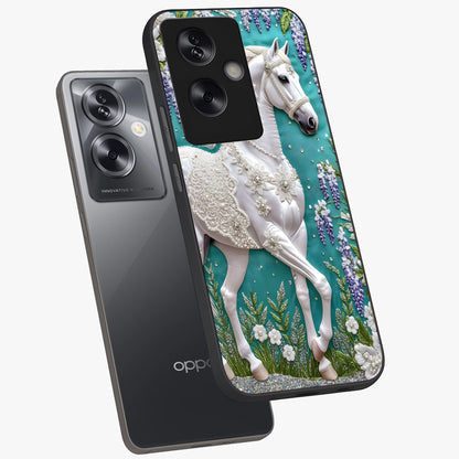 Majestic Floral Stallion Glass Case displayed in angled mockup highlighting majestic stallion illustration with elegant floral aesthetic.