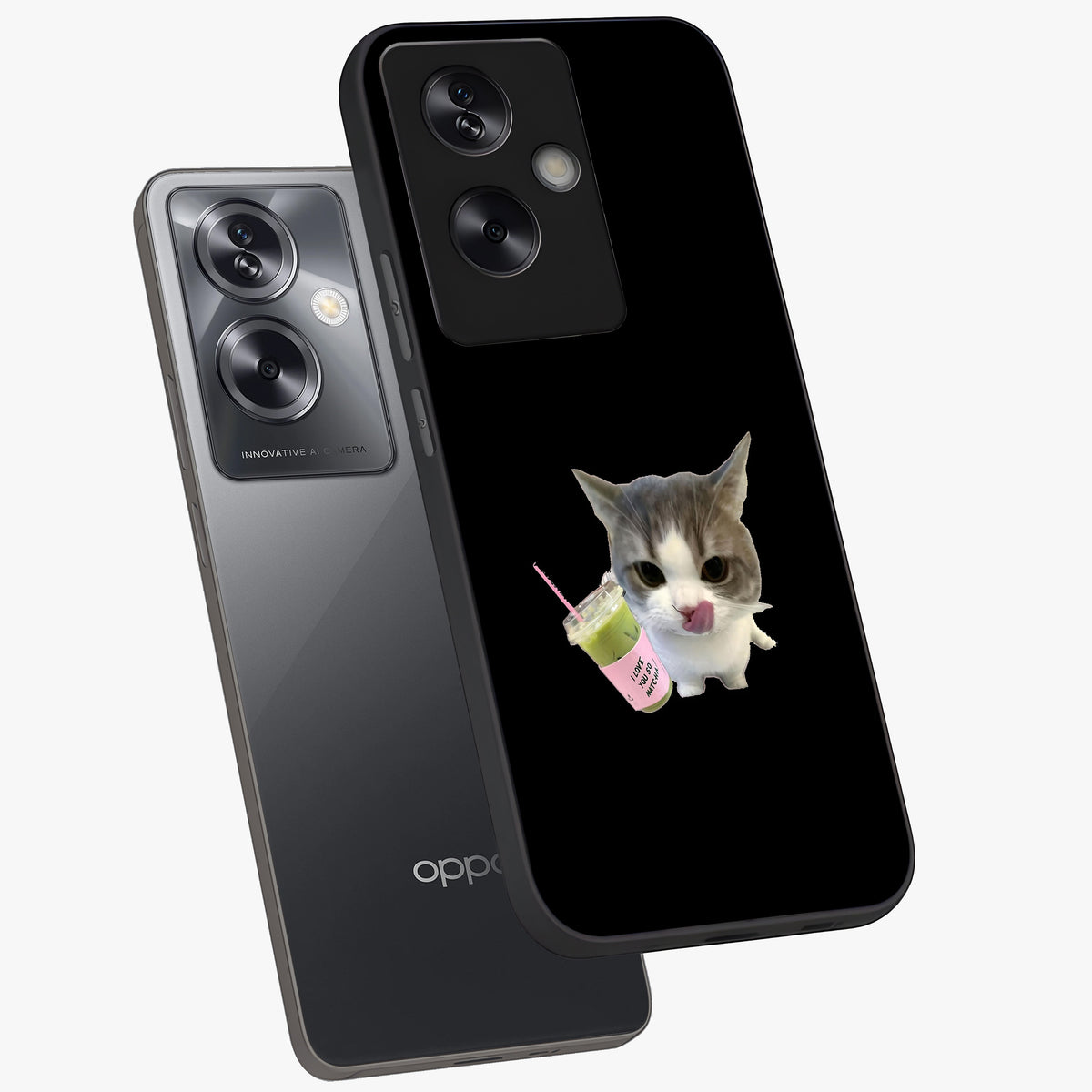 Matcha Cat Style Glass Case displayed in angled mockup highlighting playful feline design with pastel matcha aesthetic.