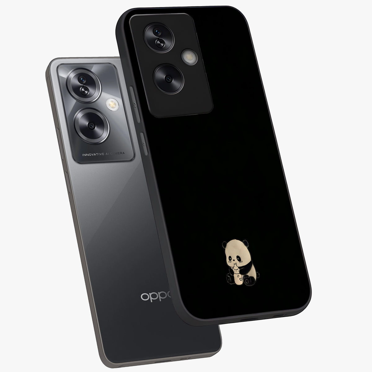 Midnight Panda Love Glass Case displayed in angled mockup highlighting adorable panda illustration with midnight aesthetic.