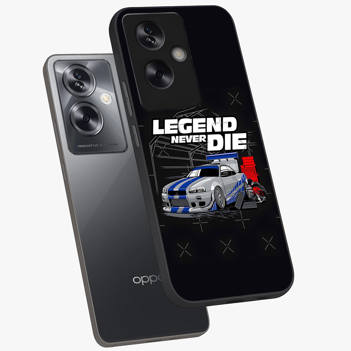 Midnight Racing Legacy Glass Case displayed in angled mockup highlighting dynamic automotive design with bold midnight aesthetic.