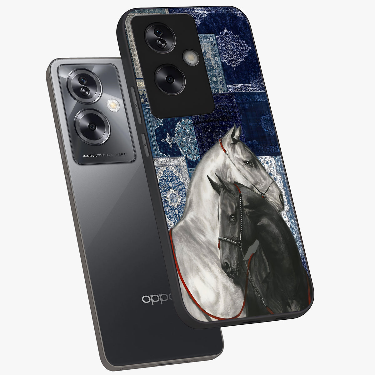 Midnight Stallion Blues Glass Case displayed in angled mockup highlighting powerful stallion illustration with deep midnight tones.