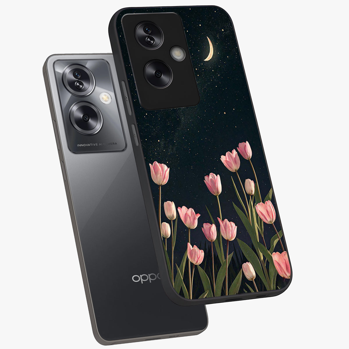 Midnight Tulip Whispers Vibe Glass Case displayed in angled mockup highlighting delicate tulip design with midnight floral aesthetic.