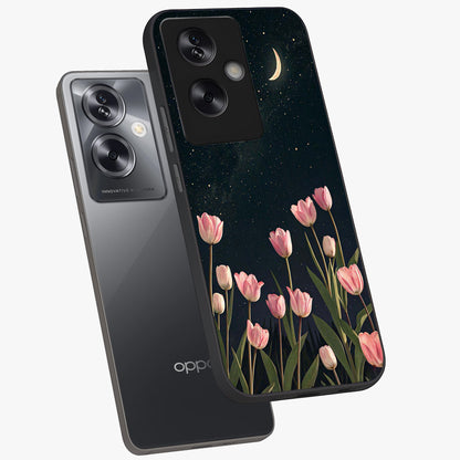 Midnight Tulip Whispers Vibe Glass Case displayed in angled mockup highlighting delicate tulip design with midnight floral aesthetic.