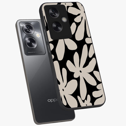 Monochrome Petal Dance Glass Case displayed in angled mockup highlighting elegant petal design with black and white aesthetic.