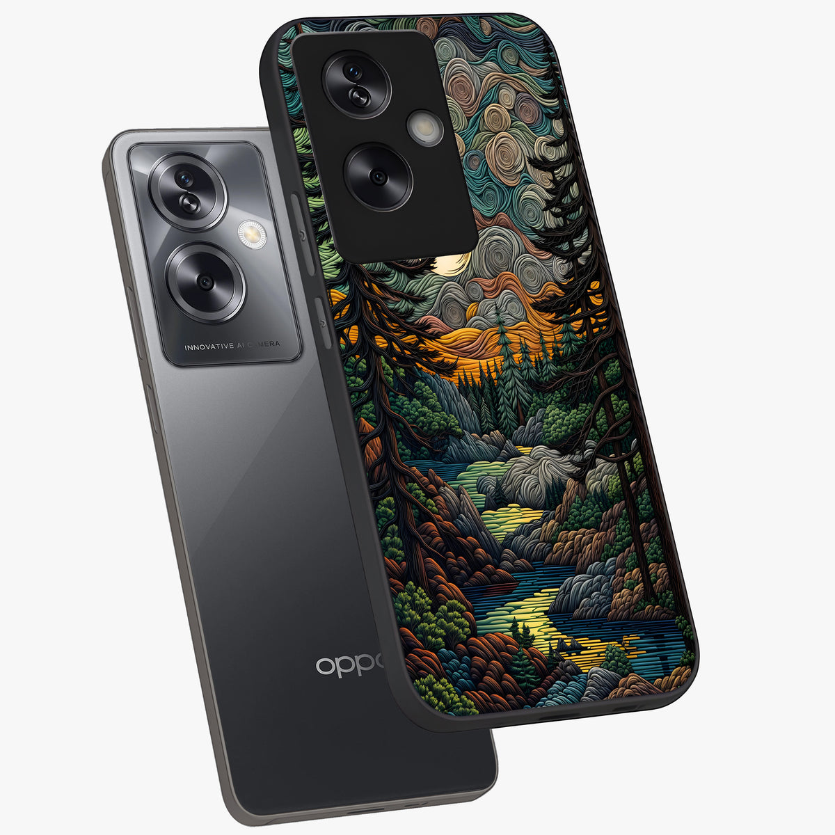 Moonlight Forest Dream Glass Case displayed in angled mockup highlighting dreamy forest design with glowing moon aesthetic.