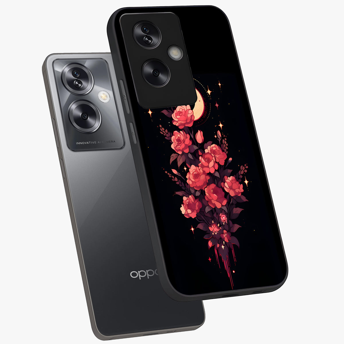 Moonlit Floral Elegance Glass Case displayed in angled mockup highlighting graceful flower design with soft moonlight aesthetic.