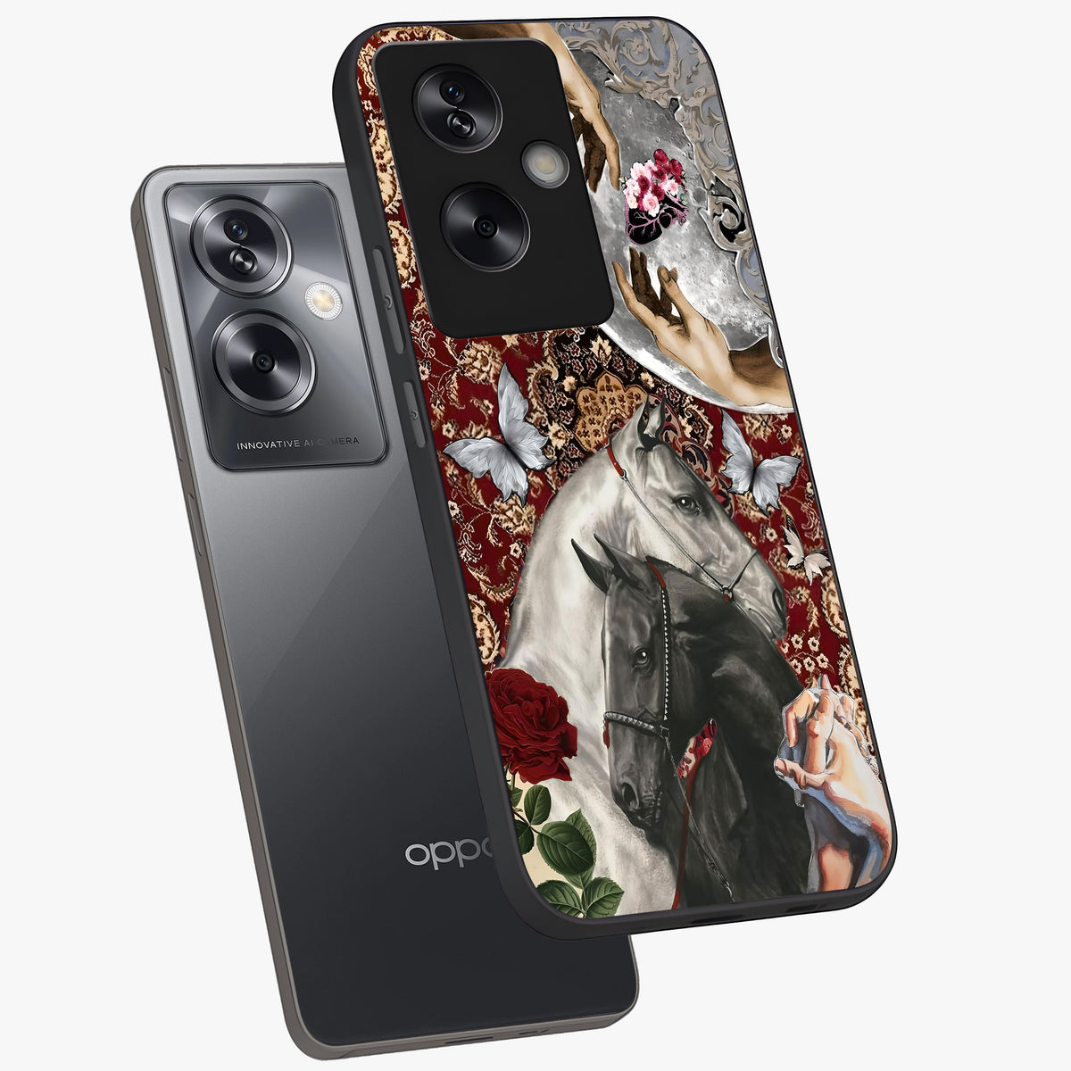 Moonlit Royal Stallion Glass Case displayed in angled mockup highlighting powerful stallion illustration with royal night aesthetic.