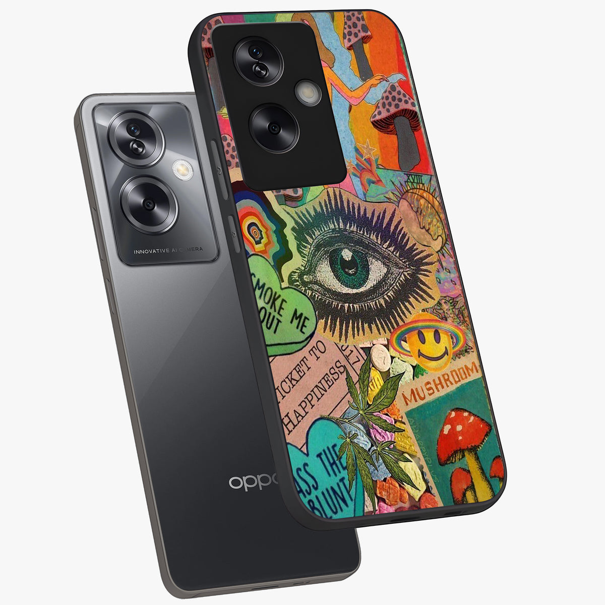 Mystic Eye Wonderland Glass Case displayed in angled mockup highlighting magical eye illustration with dreamy aesthetic.