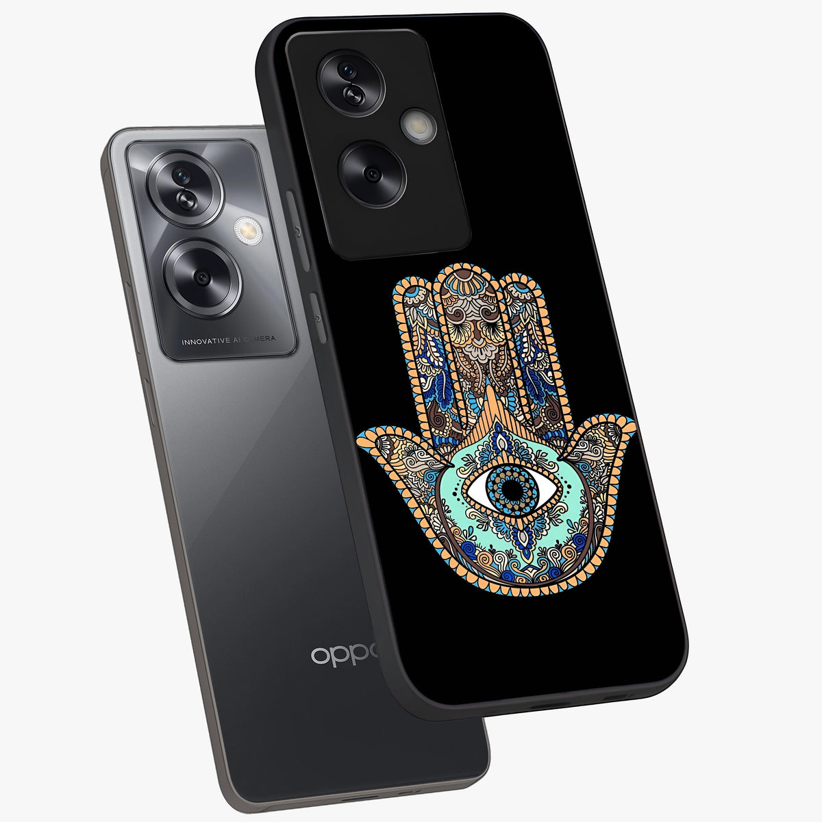 Mystic Hamsa Eye Glass Case displayed in angled mockup highlighting spiritual hamsa symbol with mystical aesthetic style.