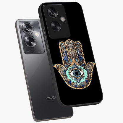 Mystic Hamsa Eye Glass Case displayed in angled mockup highlighting spiritual hamsa symbol with mystical aesthetic style.