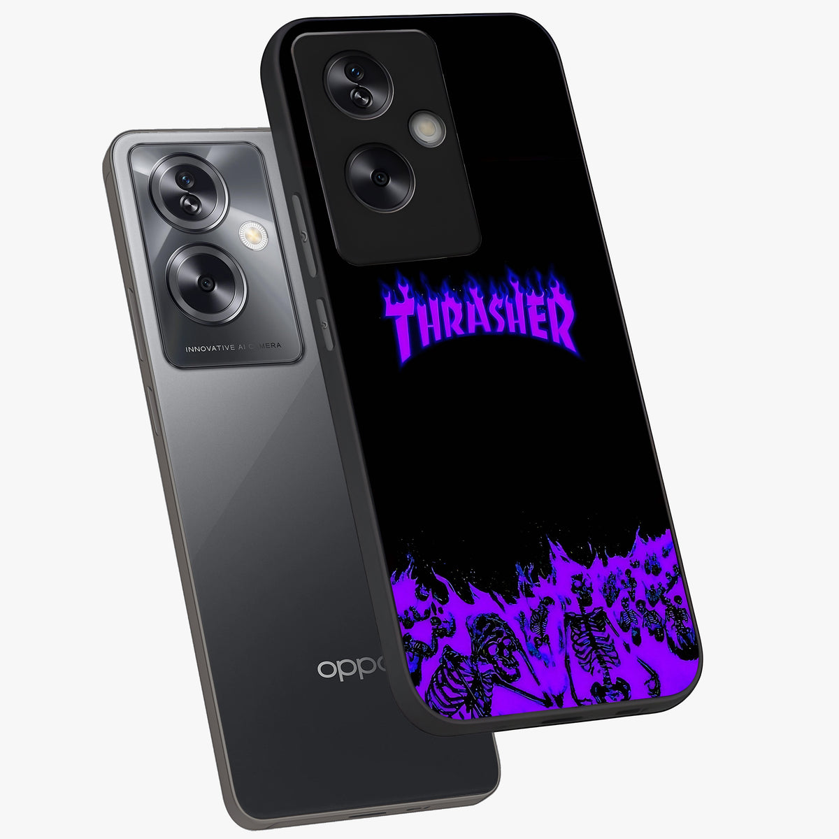 Neon Flame Riot Glass Case displayed in angled mockup highlighting glowing flame design with vibrant neon aesthetic.