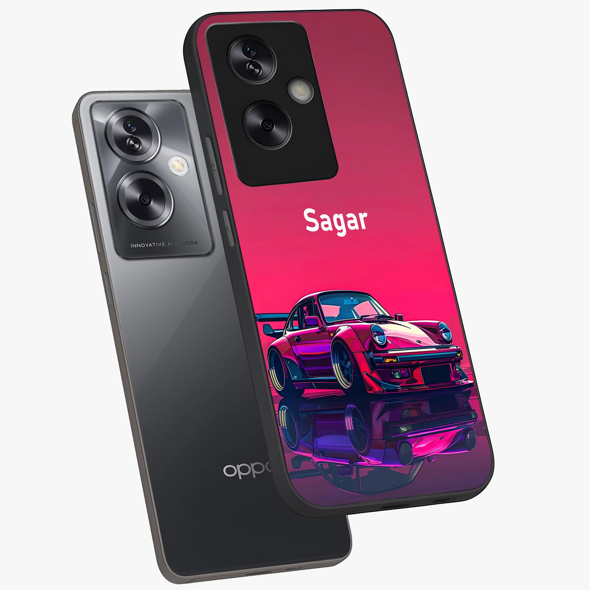 Neon Pink Porsche Glass Case displayed in angled mockup highlighting sleek neon pink car design with racing aesthetic.