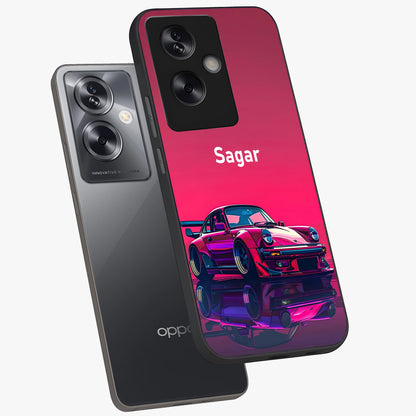 Neon Pink Porsche Glass Case displayed in angled mockup highlighting sleek neon pink car design with racing aesthetic.