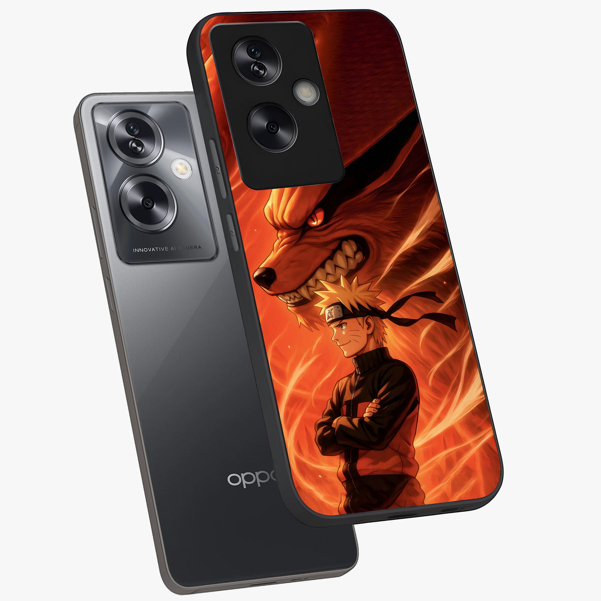 Nine Tails Legacy Glass Case displayed in angled mockup highlighting dynamic anime beast illustration with bold mystical aesthetic.