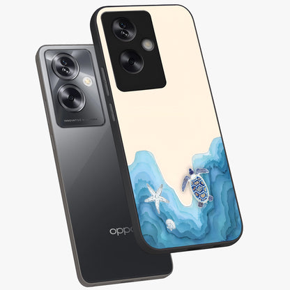 Ocean Drift Turtle Glass Case displayed in angled mockup highlighting peaceful ocean turtle illustration with marine aesthetic.