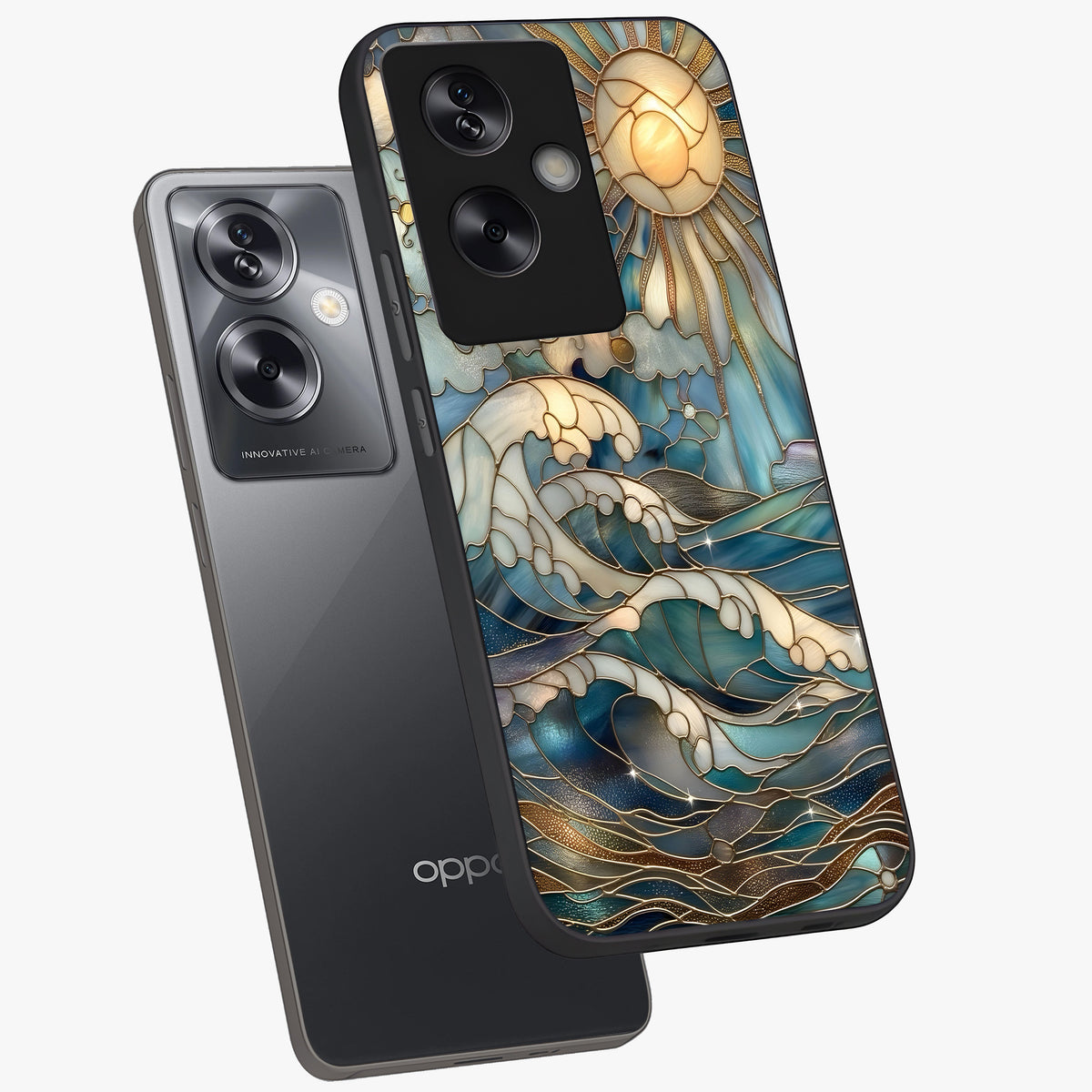 Oceanic Stained Printed Glass Case displayed in angled mockup highlighting colorful aquatic design with artistic aesthetic style.
