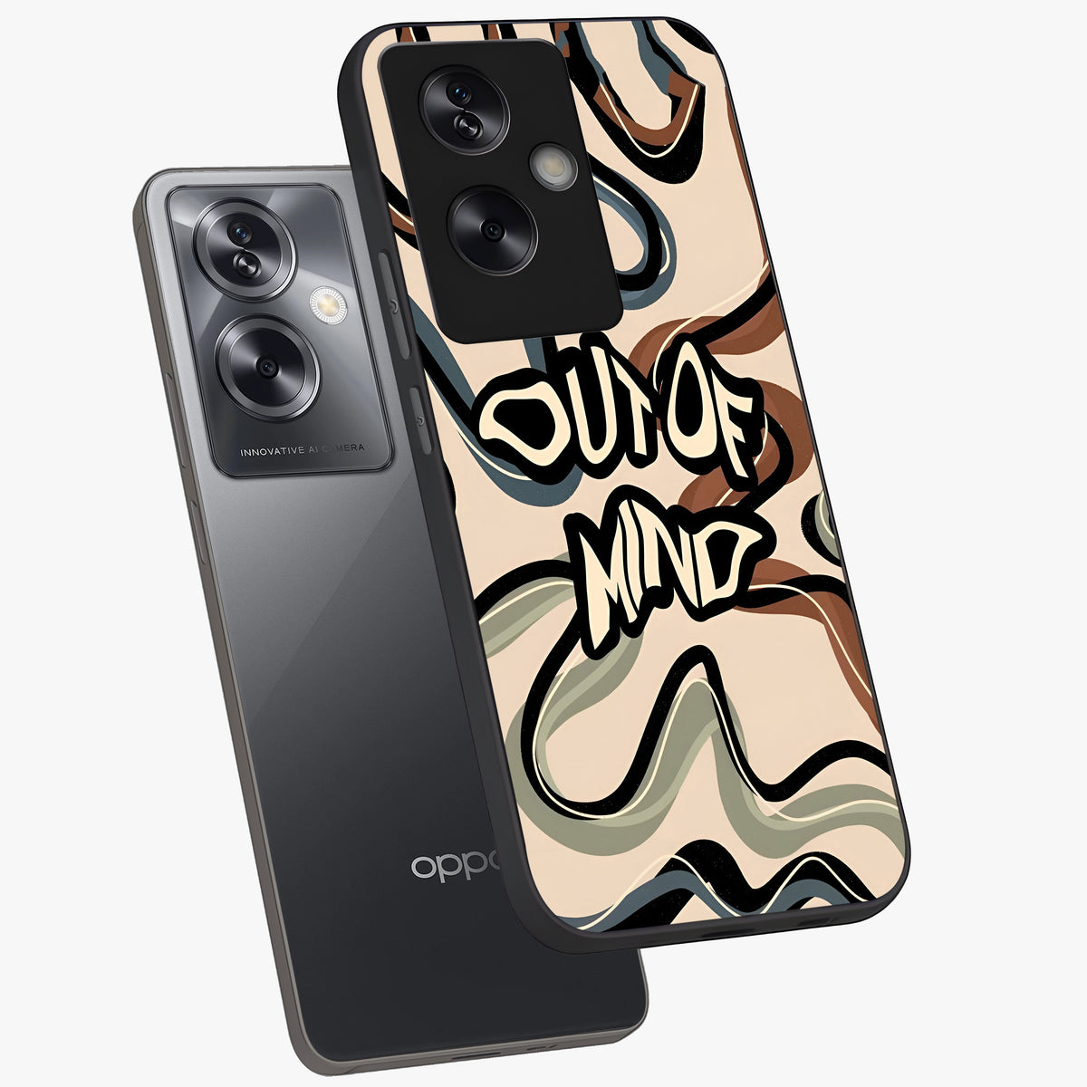 Out Of Mind Glass Case displayed in angled mockup highlighting bold statement design with modern artistic aesthetic.