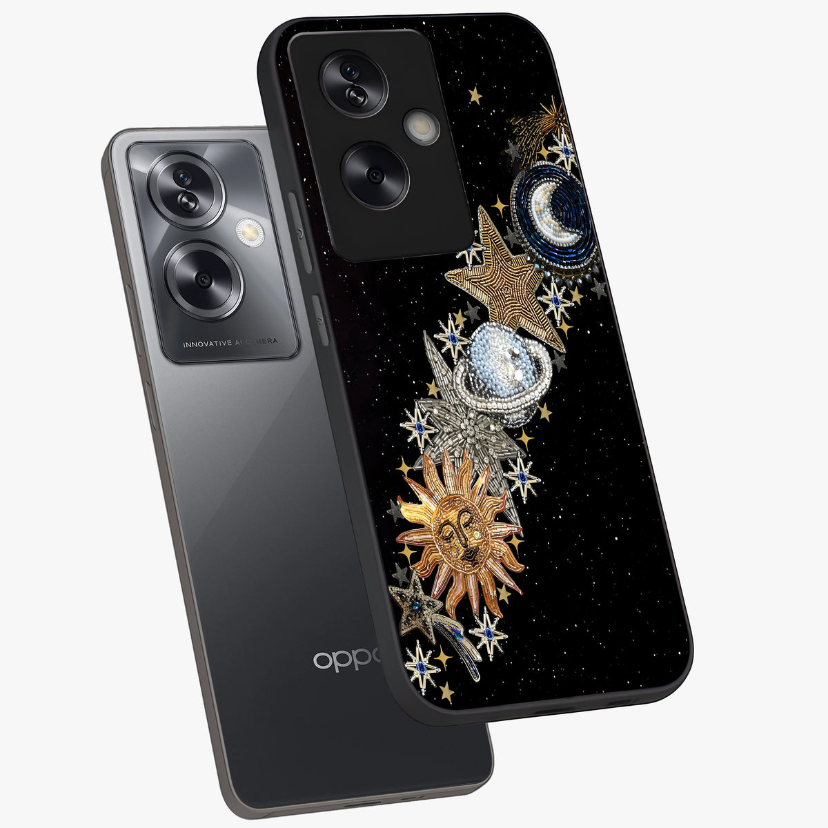 Pearls Universe Object Glass Case displayed in angled mockup highlighting celestial pearl design with dreamy aesthetic.