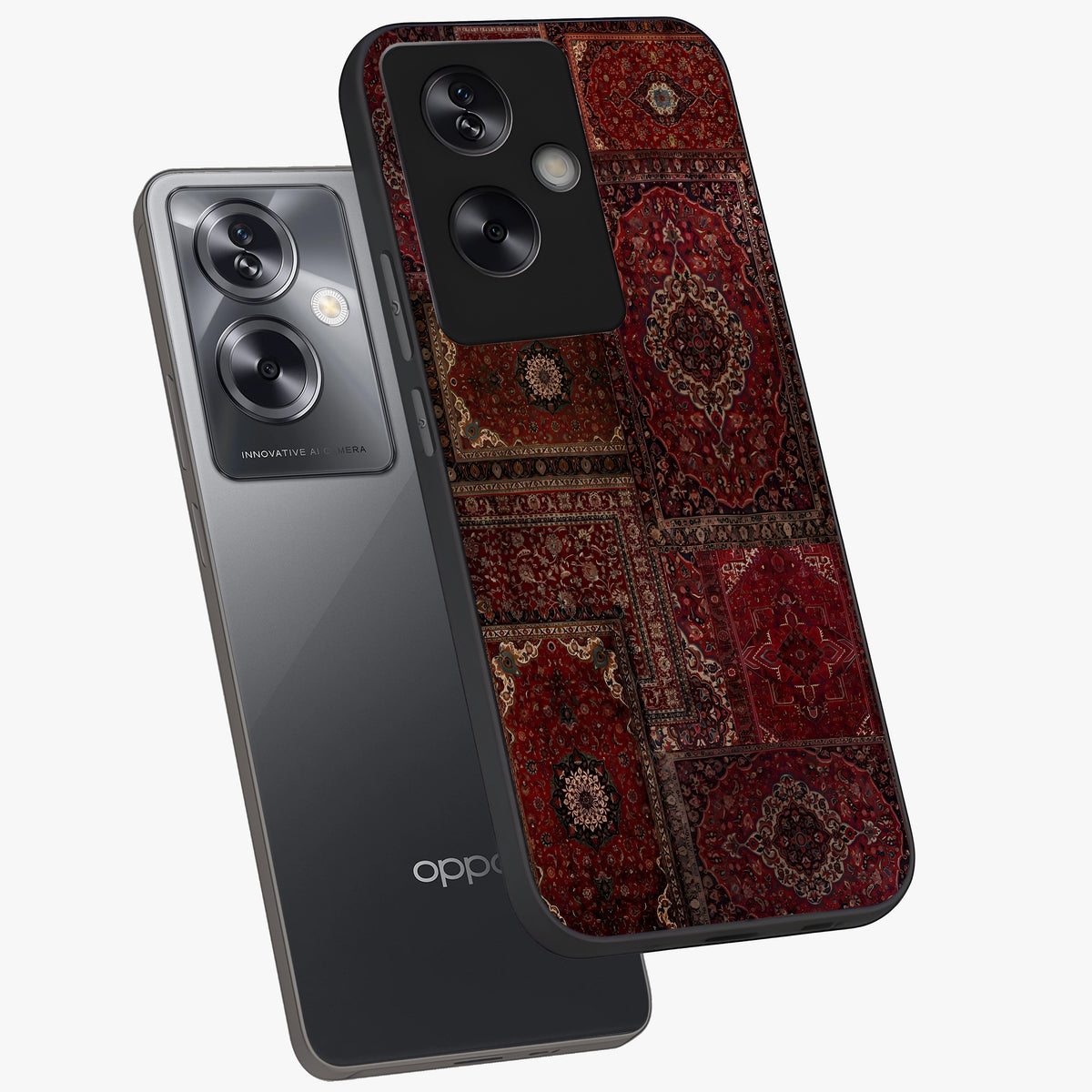 Persian Velvet Tale Glass Case displayed in angled mockup highlighting ornate textile inspired design with royal aesthetic.