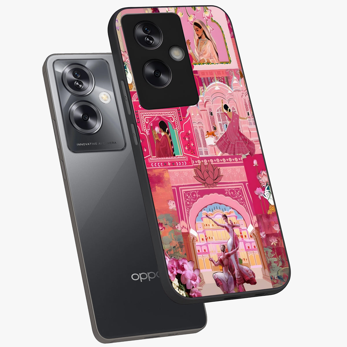 Pink Palace Muse Glass Case displayed in angled mockup highlighting dreamy palace illustration with soft pink aesthetic.