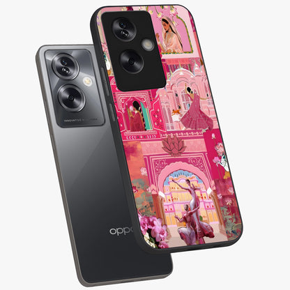 Pink Palace Muse Glass Case displayed in angled mockup highlighting dreamy palace illustration with soft pink aesthetic.