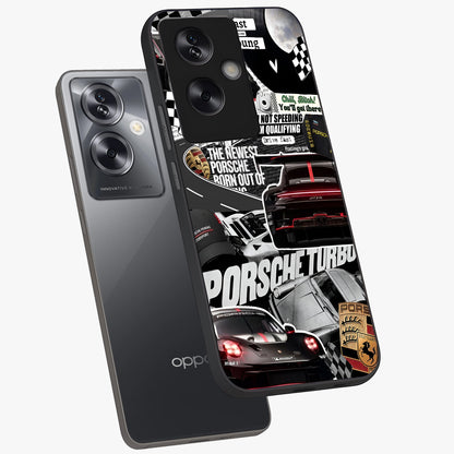 Porsche Racing Collage Glass Case displayed in angled mockup highlighting dynamic automotive design with bold racing aesthetic.