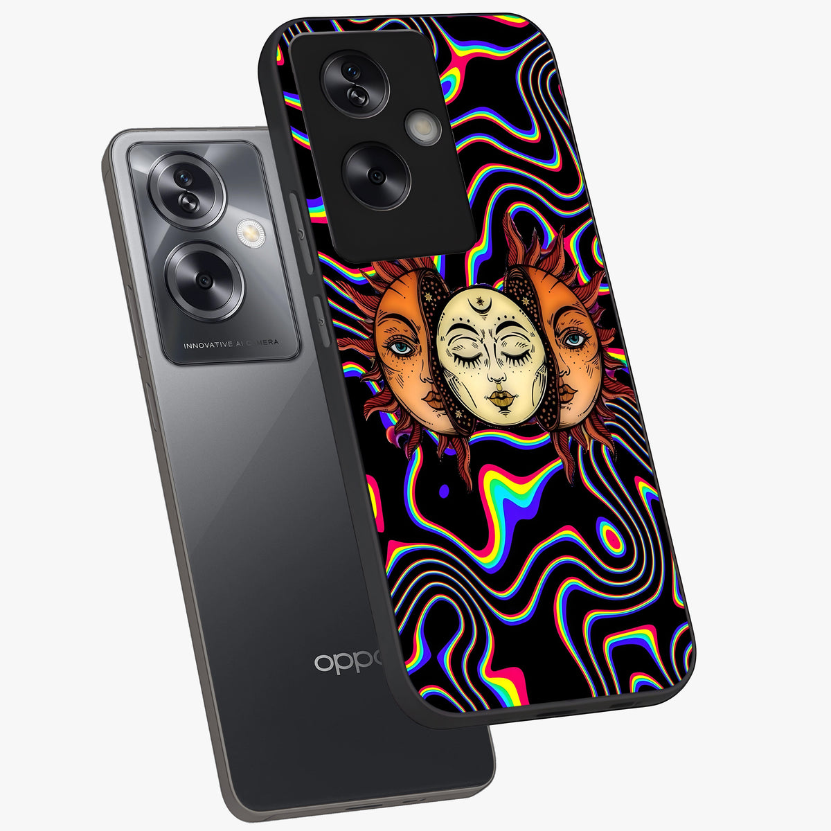 Psychedelic Sun Glass Case displayed in angled mockup highlighting vibrant abstract sun design with artistic aesthetic style.