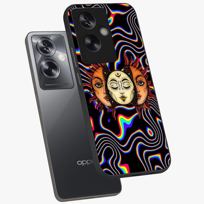 Psychedelic Sun Glass Case displayed in angled mockup highlighting vibrant abstract sun design with artistic aesthetic style.