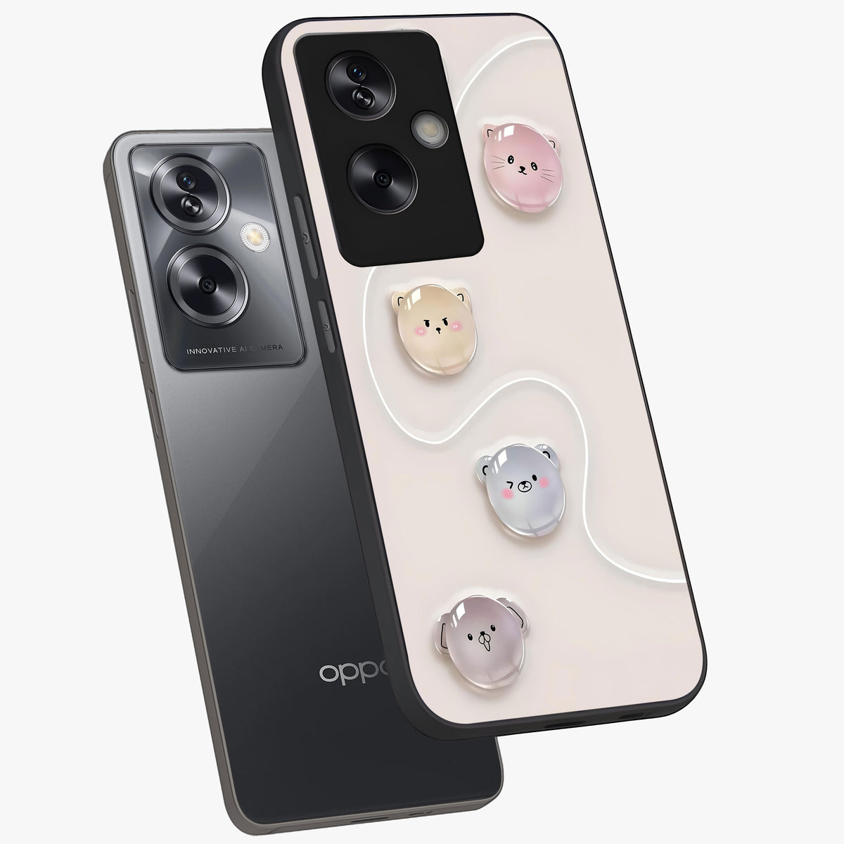 Puffy Face Parade Glass Case displayed in angled mockup highlighting playful cartoon face design with fun aesthetic.