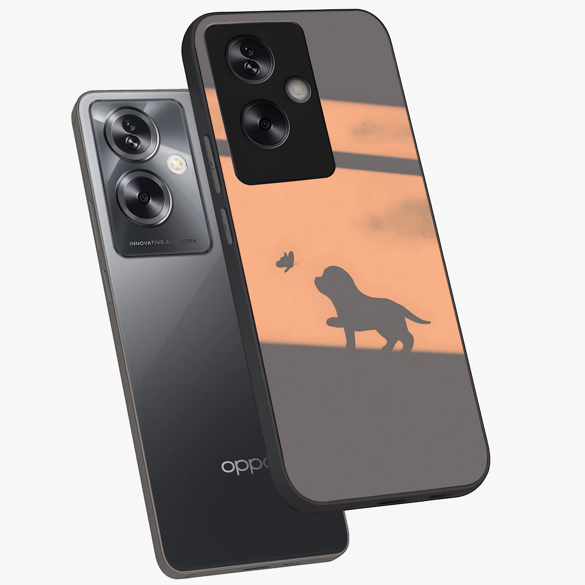 Puppy Shadow Art Glass Case displayed in angled mockup highlighting playful dog illustration with artistic shadow aesthetic.