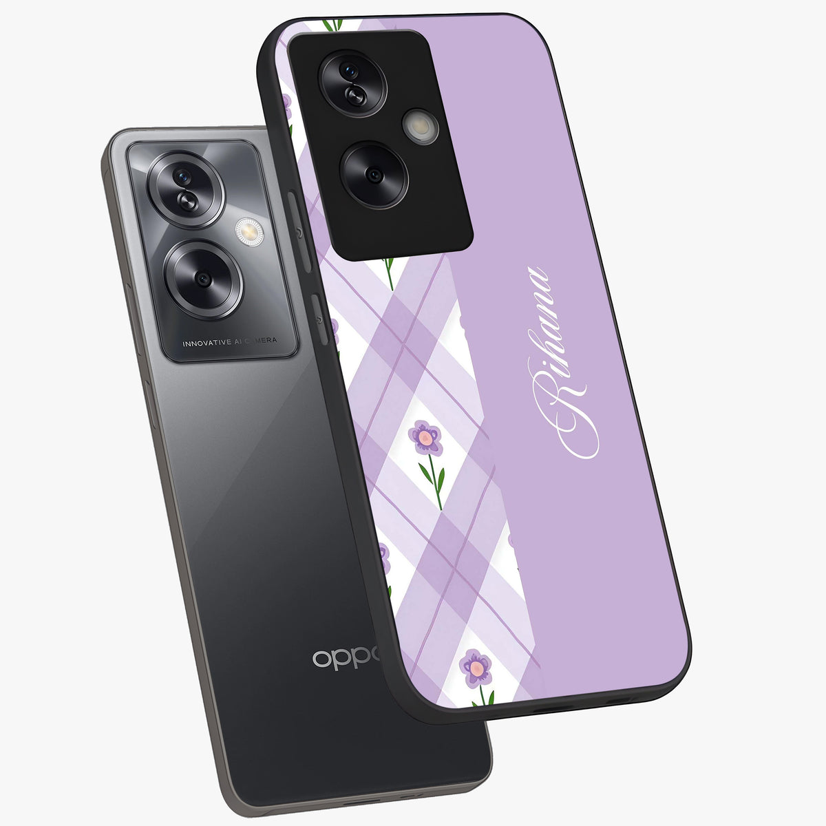 Purple Diamond Floral Glass Case displayed in angled mockup highlighting elegant purple flower design with decorative pattern.
