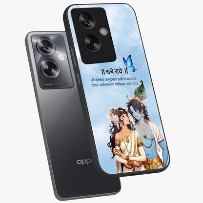 Radha Krishna Eternal Glass Case displayed in angled mockup highlighting divine Radha Krishna illustration with spiritual aesthetic.