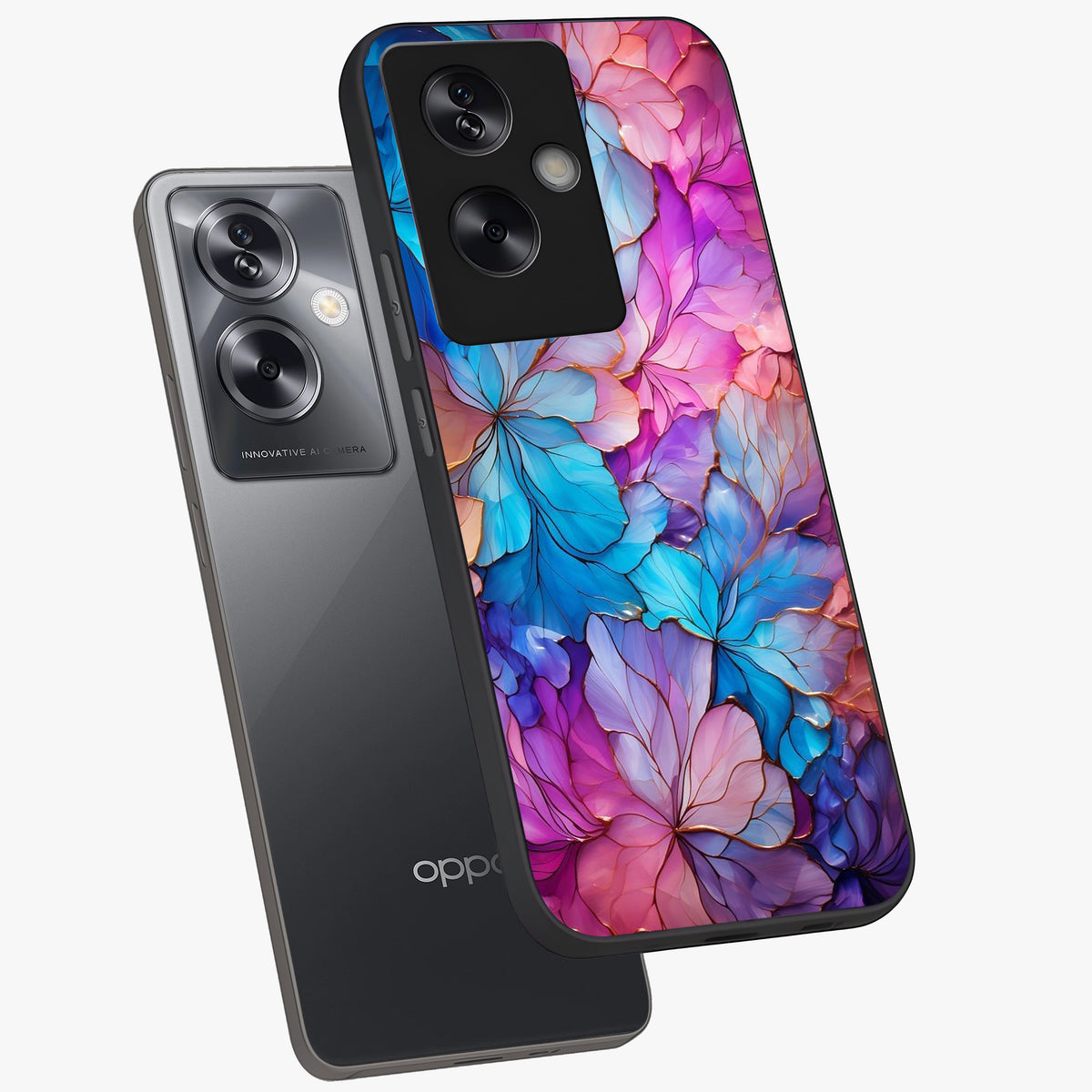 Radiant Floral Whirl Glass Case displayed in angled mockup highlighting vibrant flower pattern with dynamic artistic aesthetic.