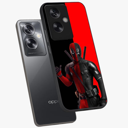 Red & Black Deadpool Theme Glass Case displayed in angled mockup highlighting vibrant superhero style illustration with action aesthetic.